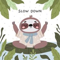 A cute sloth is meditating in the middle of the tropics in a cartoon style.Happy calm baby character resting. vector