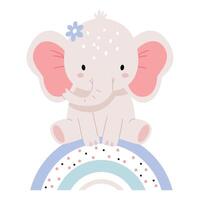 Cute baby elephant, sitting on a rainbow.Postcard in Scandi style. Kids kindergarten flat illustration vector