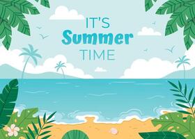 cartoon ocean sand beach background.Summertime background with blue sky and ocean, white puffy clouds and green palms. vector
