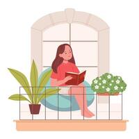 The girl is resting and reading a book on the balcony. Garden on the balcony. vector