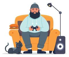 Bearded man playing in game at chair with cat.A gamer eats a burger.Flat illustration isolated on white background vector