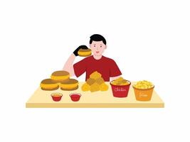 Man Eating Burger and Chicken Illustration vector