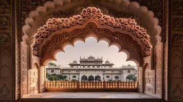 India at dusk, inside Delhi's Red Fort. . A stunning photograph of an intricately carved jharokha, an ornate window design often seen in Indian palaces. The jharokha is adorned photo