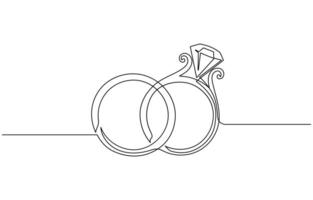 One continuous line drawing of Wedding rings. Romantic elegance concept and symbol proposal engagement and love marriage in simple linear style. Editable stroke vector
