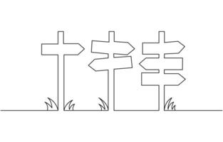 Signpost pointing in the direction of travel to places minimalist black linear design One Continuous line drawing of Road direction signpost arrows to the right and left isolated on white vector