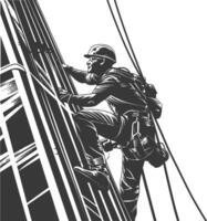 Industrious high-rise window cleaner scaling a skyscraper with safety gear vector