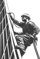 Industrious high-rise window cleaner scaling a skyscraper with safety gear. vector