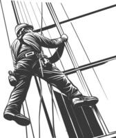 Industrious high-rise window cleaner scaling a skyscraper with safety gear vector
