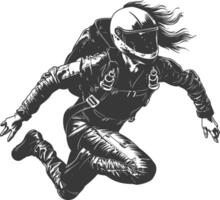 Black and white illustration of a skydiver in a helmet free falling through the air vector