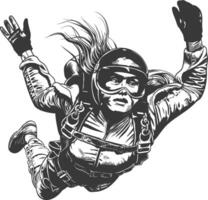Black and white illustration of a determined skydiver in mid-air vector