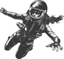 Black and white illustration of a female skydiver in a helmet free falling through the air vector