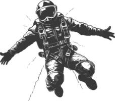 Black and white illustration of a skydiver in a spacesuit with a parachute vector