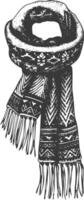 Black and white detailed drawing of a warm winter scarf with a fur collar vector