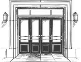 Detailed sketch of a grand double door with glass panels and ornate handles vector