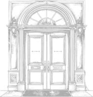 Detailed drawing of a grand double door with ornate columns and a fanlight vector