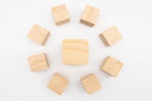 Wooden cube or wooden blocks on isolated background. Pile of wood block. Copy, empty space for text. photo