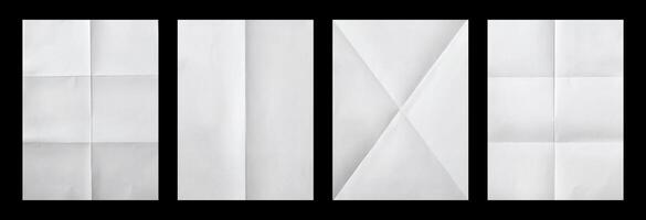 Wrinkled paper. Realistic white empty poster mockups with crumpled texture effect and creases. Isolated straightened square sheets for documents photo