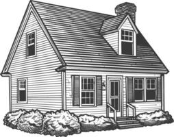 Detailed illustration of a small suburban house with a sloped roof and a chimney vector