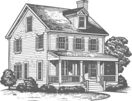 Detailed illustration of a charming two-story colonial house with a porch and a tree vector