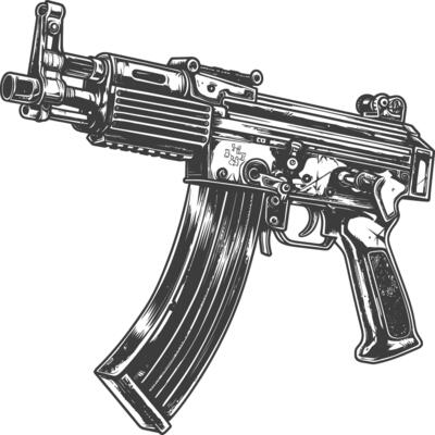 Detailed illustration of an assault rifle with intricate details and a worn, weathered appearance