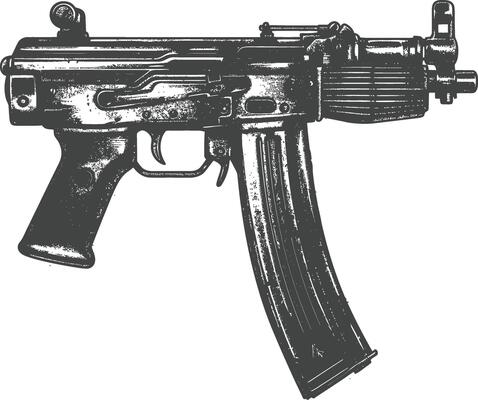 Detailed illustration of a vintage submachine gun with intricate details and a worn appearance.