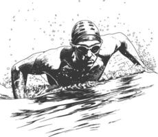 Black and white illustration of a determined swimmer in a cap and goggles, cutting through the water's surface with powerful strokes, surrounded by splashing water droplets. vector