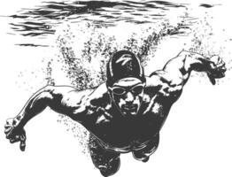 Black and white illustration of a determined male swimmer in a swim cap and goggles, cutting through the water's surface with a freestyle swimming stroke. vector