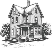 Detailed illustration of a two-story Victorian-style house with a porch and trees vector