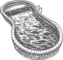Detailed black and white line drawing of an in-ground kidney shaped swimming pool with brick coping and diving board vector