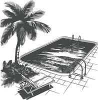 Minimalist Black and White Poolside Scene with Palm Tree and Lounge Chair vector