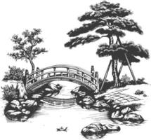 Detailed sketch of a traditional oriental garden with a bridge over a pond and pine trees vector