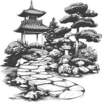 Peaceful Zen Garden with Traditional Japanese Pavilion and Stone Path vector