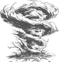 Dark, twisting tornado illustration with intricate, detailed linework. vector