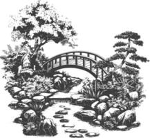 Detailed illustration of a traditional oriental garden with a stone bridge over a pond, surrounded by trees, shrubs, and rocks. vector