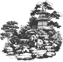 Traditional Japanese garden with a pagoda, rocks, and a waterfall vector