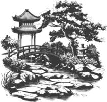 Traditional Japanese Garden with Bridge and Stone Lantern vector