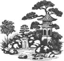 Detailed sketch of a traditional Japanese garden with a pagoda, trees, and a waterfall. vector