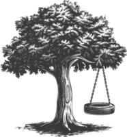 Detailed Etching of a Solitary Oak Tree with a Tire Swing vector