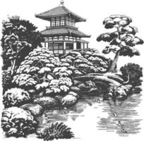 Traditional Japanese Garden with Golden Pavilion and Trees vector