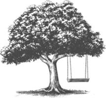Detailed ink sketch of a large tree with a swing hanging from one branch vector