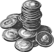 Detailed illustration of a stack of various old gold coins with intricate designs and symbols vector