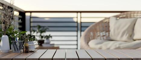 A close-up image of a space for displaying products on a wooden coffee tabletop on a home balcony. photo