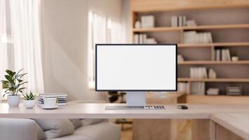 A minimalist, comfortable home office features a computer on a wooden table in the living room. photo