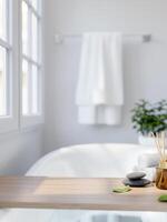 A space for displaying products on a wooden bathtub tray in a modern white and clean bathroom. photo