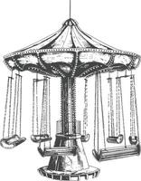 Vintage hand drawn carousel with hanging swing seats vector
