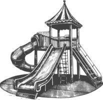 Children's Playground with Slide and Tower in Vintage Sketch Style vector