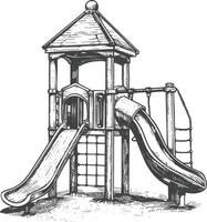 Wooden Playground Structure with Two Slides and a Climbing Net vector