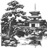 Traditional Japanese Zen Garden with a Five-story Pagoda and a Large Tree vector