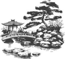Detailed sketch of a traditional oriental garden with a pavilion, bridge, and rocks vector