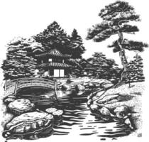Traditional Japanese Garden with a Meandering Stream and Stone Bridge vector
